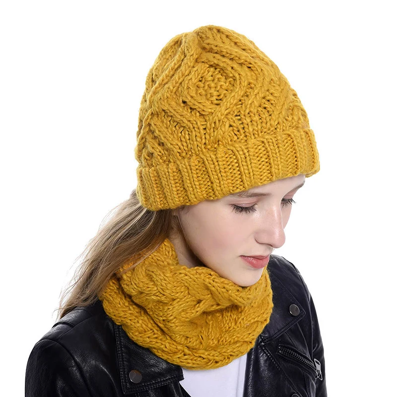 Women Knitted Hat Scarf Sets Winter Warm Knit Pullover Cap Fashion Solid Color Woolen Beanies Scarves Thickened Windproof Bonnet