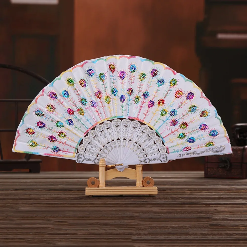 Traditional Giltter Sequins Folding Fan Chinese Style Handheld Peacock Dancing Fan Plastic Handle Hand Fan Summer