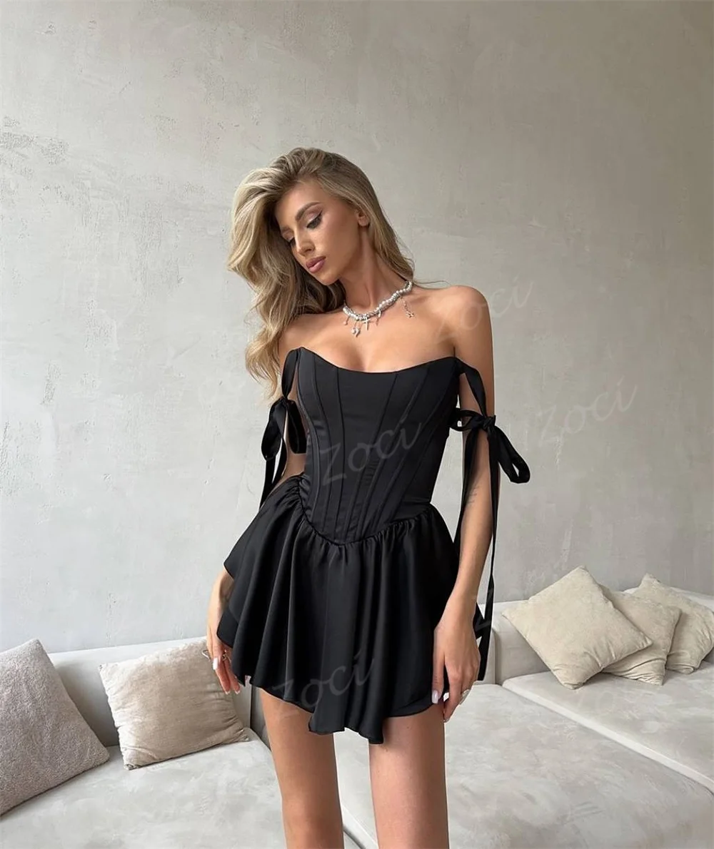 Zoci bez ramiączek czarne krótkie Mini sukienki balowe Spaghetti pasek dziewczyna sukienka na powrót do domu kobiety specjalne okazje sukienki na przyjęcie dostosowane