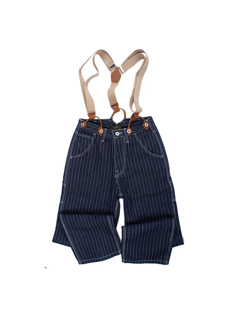 13.5oz Vertical Striped Denim Jeans for Men Vintage Wide Leg Loose Bib Pants 24SS Y2k Youth Male Suspender Overalls Junpsuits