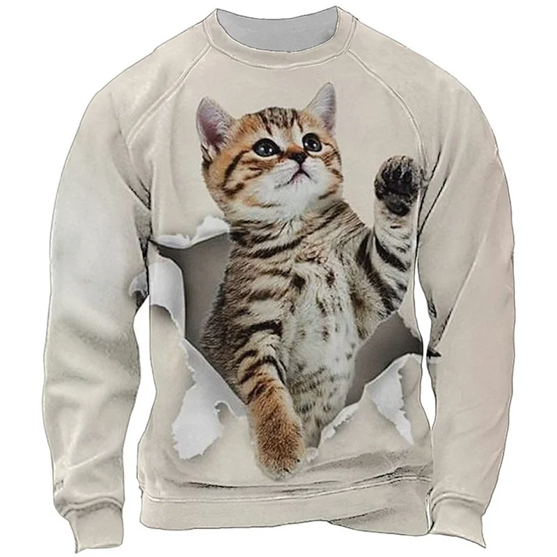 Moletom de manga comprida com estampa de gatos engraçados, pulôveres estampados 3D animal fofo, moletom casual solto de rua, tendência da moda