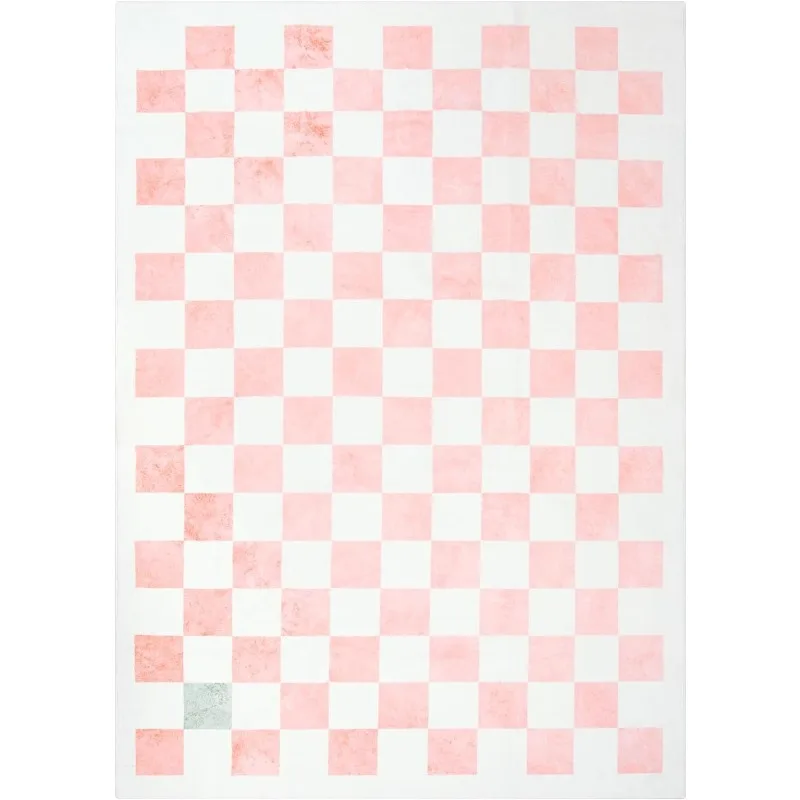 Wonnitar Checkered Pink Rug for Bedroom Washable Non-Slip  Boho Retro Carpet for Living Room Dorm 
