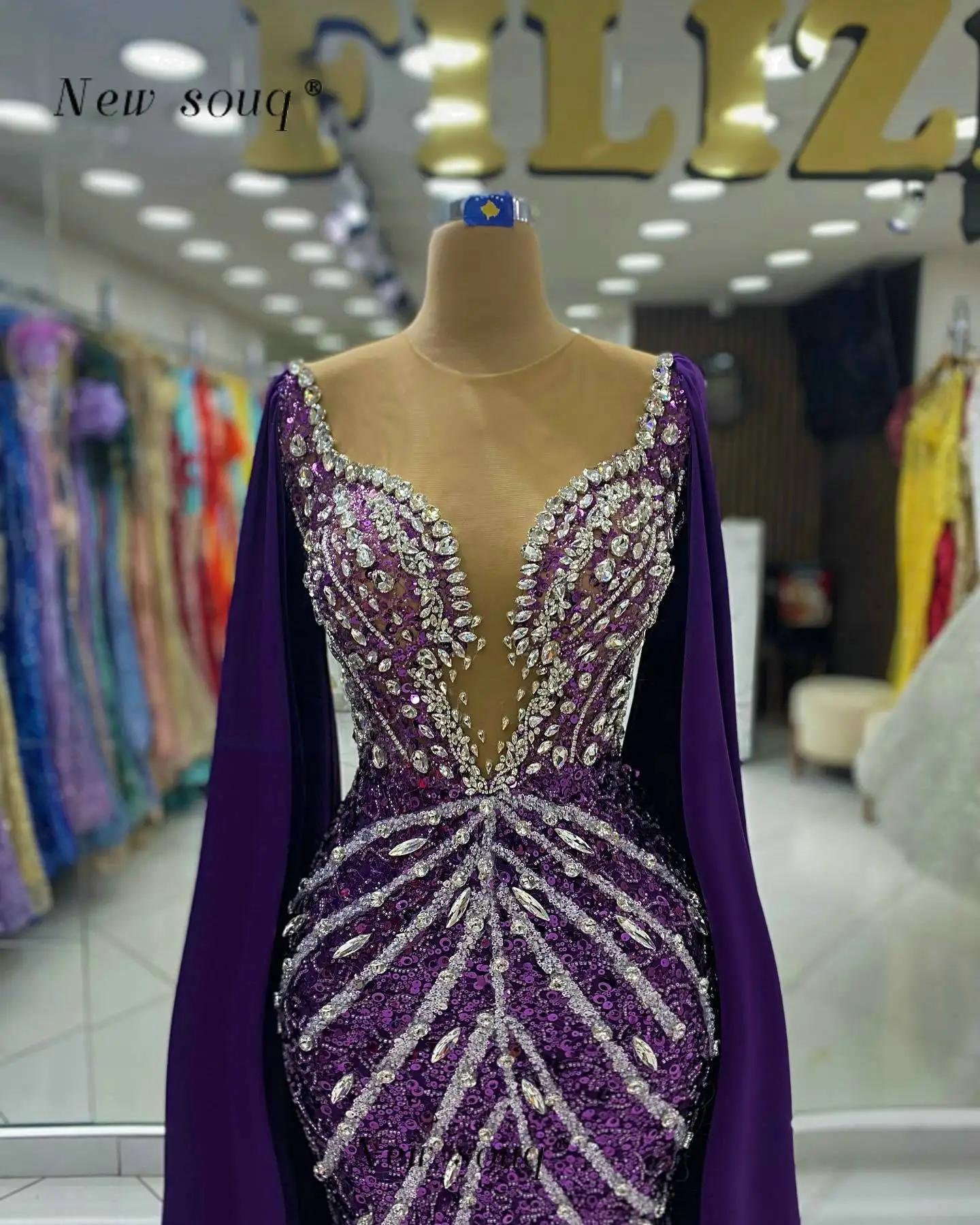 Dubai Arabic Purple Mermaid Elegant Cape Sleeves Evening Dresses Luxury Crystals Stones Prom Gowns For Women Wedding Party 2024