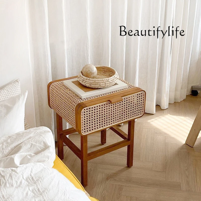 

Living room balcony simple solid wood rattan bedside table retro entrance small sideboard coffee table