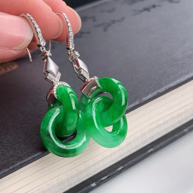 Natural Hotan Jade Green Interlocking Earrings for Women Round Classical Design new in Earings Vintage Banquet Silver Jewelry