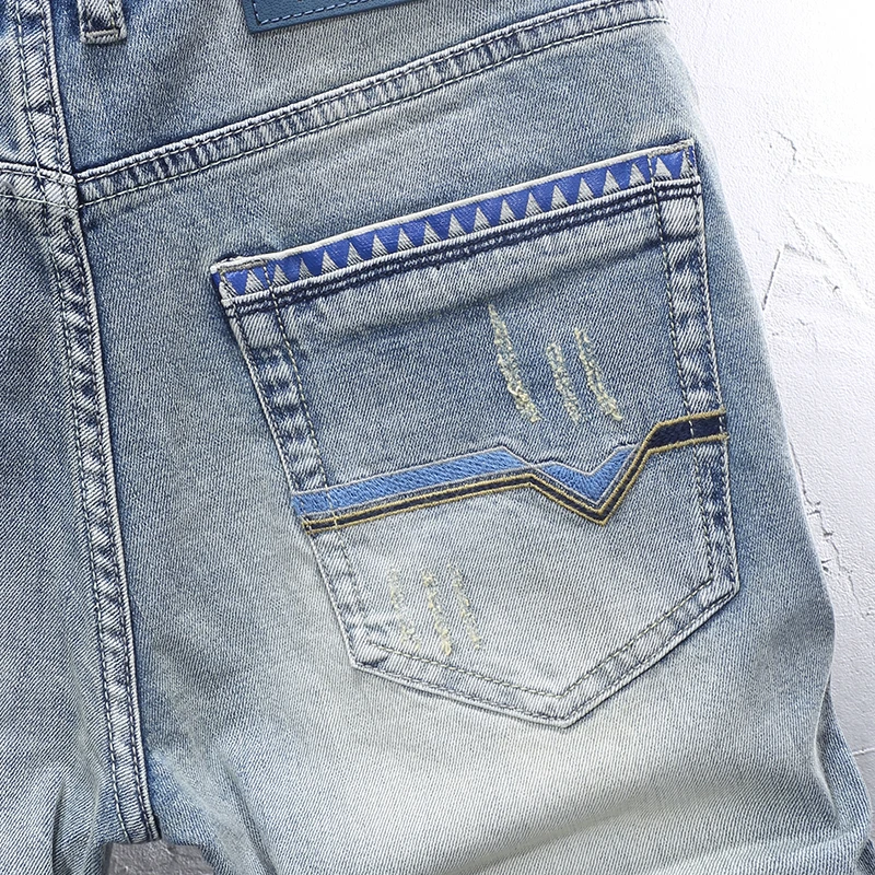 Street Fashion Men's Split Jeans High Quality Retro Blue Elastic Slim Fit Jeans Men's Patch Designer Retro denim shorts Hombre