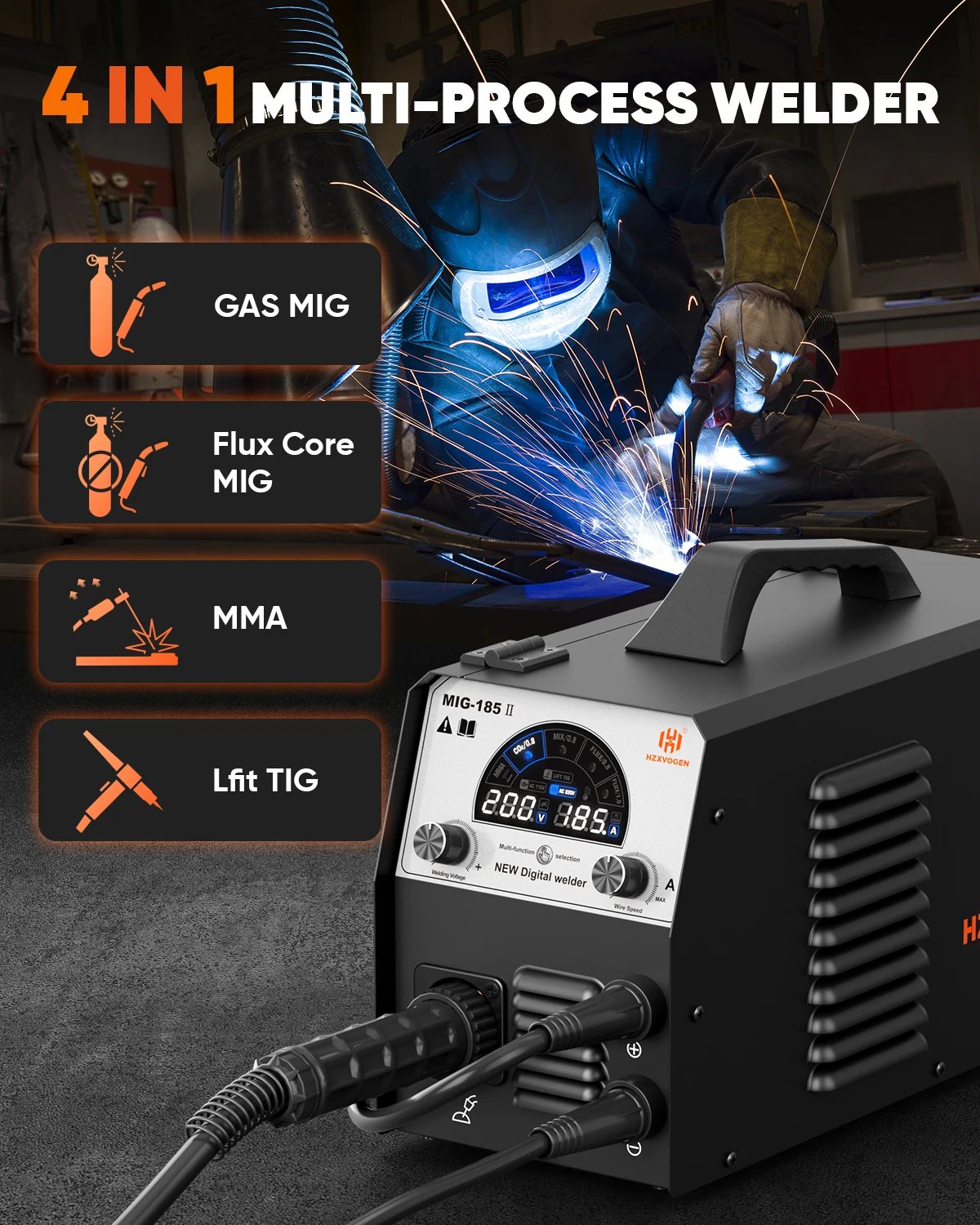 HZXVOGEN MIG 185A Gas MIG/Flux Core/MMA/Lift TIG 4 in 1 Multi Process Welding Machine Large LED Display New Digital Welder