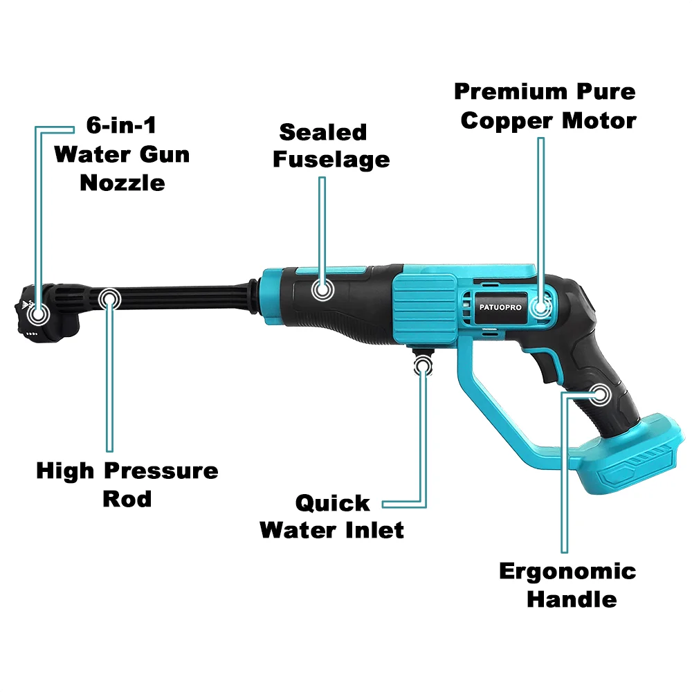 Imagem -03 - Patuopro Lavadora o sem Fio Ajustável Portátil Carro Jardim Lavagem Pistola Água Ferramentas Limpeza Doméstica Caber Makita 18v Bateria de Alta Pressã