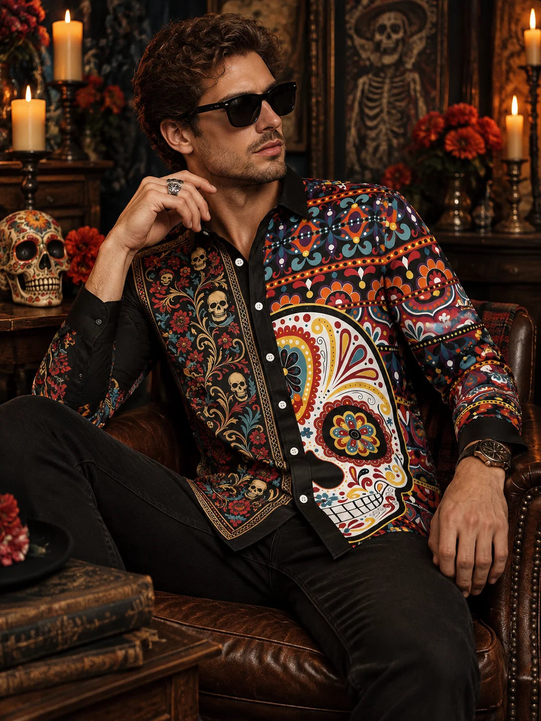 New Fall and Winter Men's Shirt, Euro-American Street Style Art, Halloween Party Outfit, Skull Ethnic Print Long Sleeve Shirt