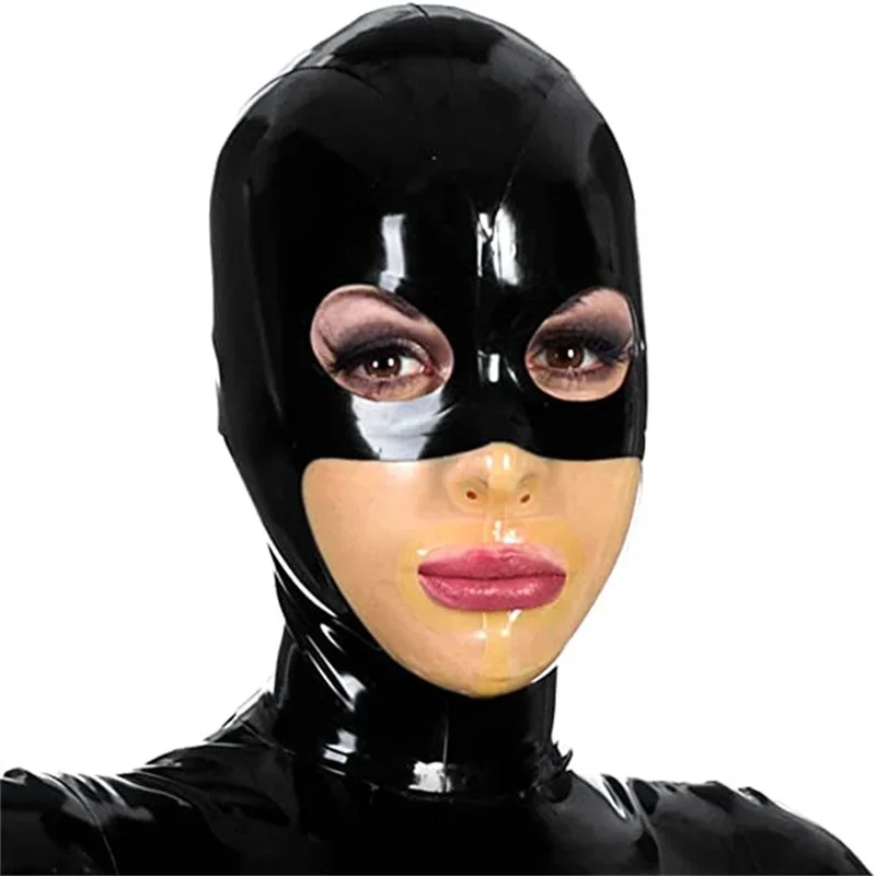 

Sexy Latex Hood Rubber Mask Fetish Transparent with Black Handmade Open Eyes Mouth Halloween Cosplay Costumes for Men Women