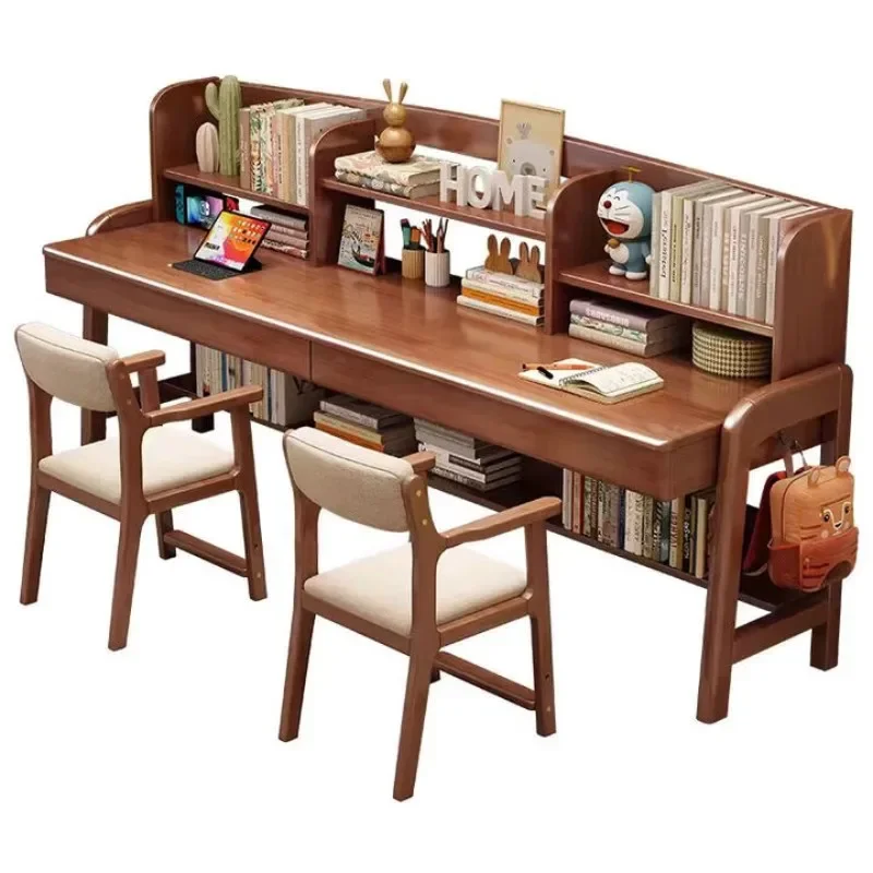 

Double solid wood desk bookshelf integrated
