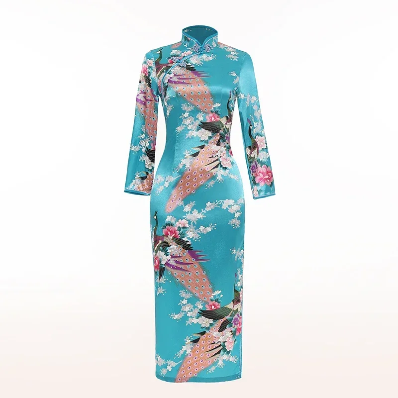 Maat 6xl Bloemen & Pauw Chinese Lady Cheongsam Qipao Print Bloem Sexy Lange Jurk Bruid Trouwavond Feestjurk Vestidos