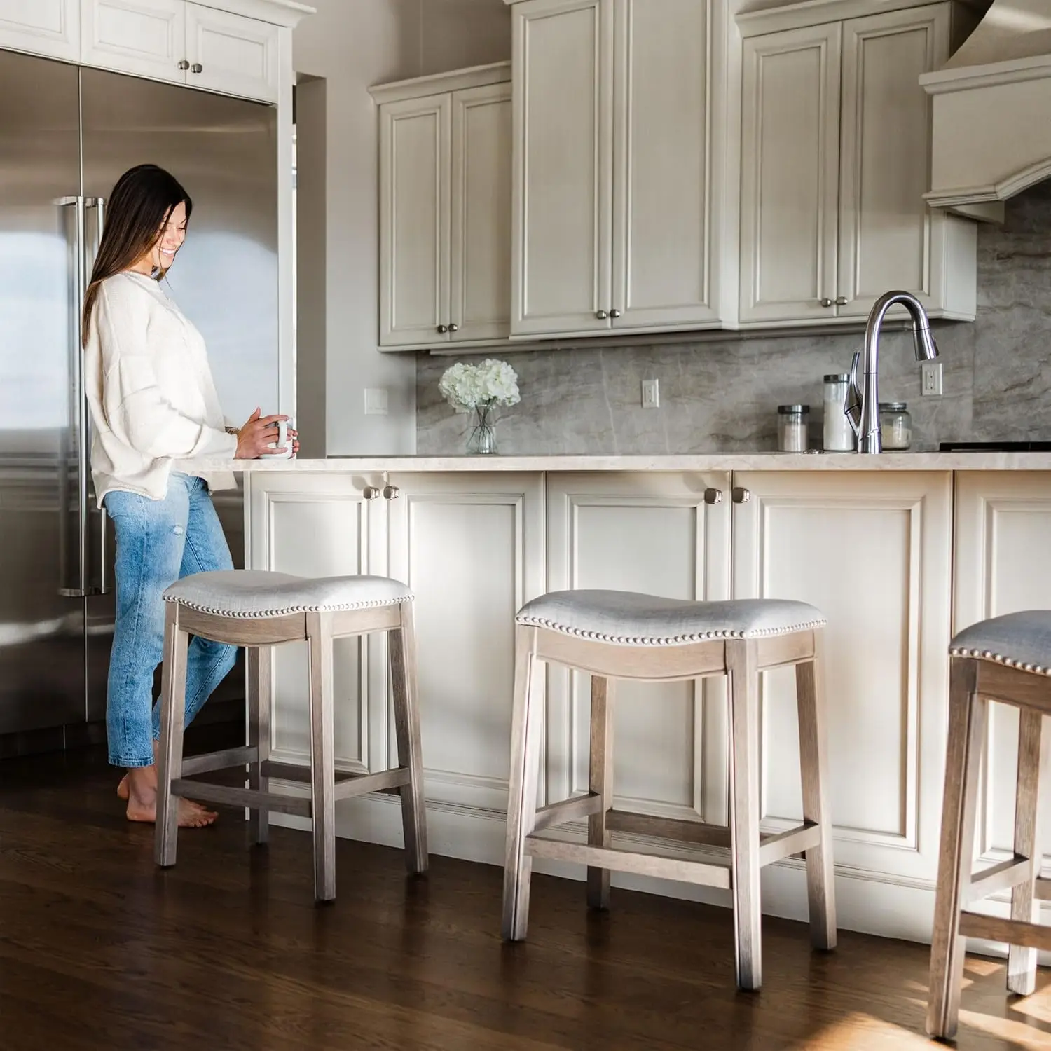 Maven Lane Adrien 26 Inch Counter Height Upholstered Backless Saddle Barstool In Reclaimed Oak Finish With Ash Grey Fabric