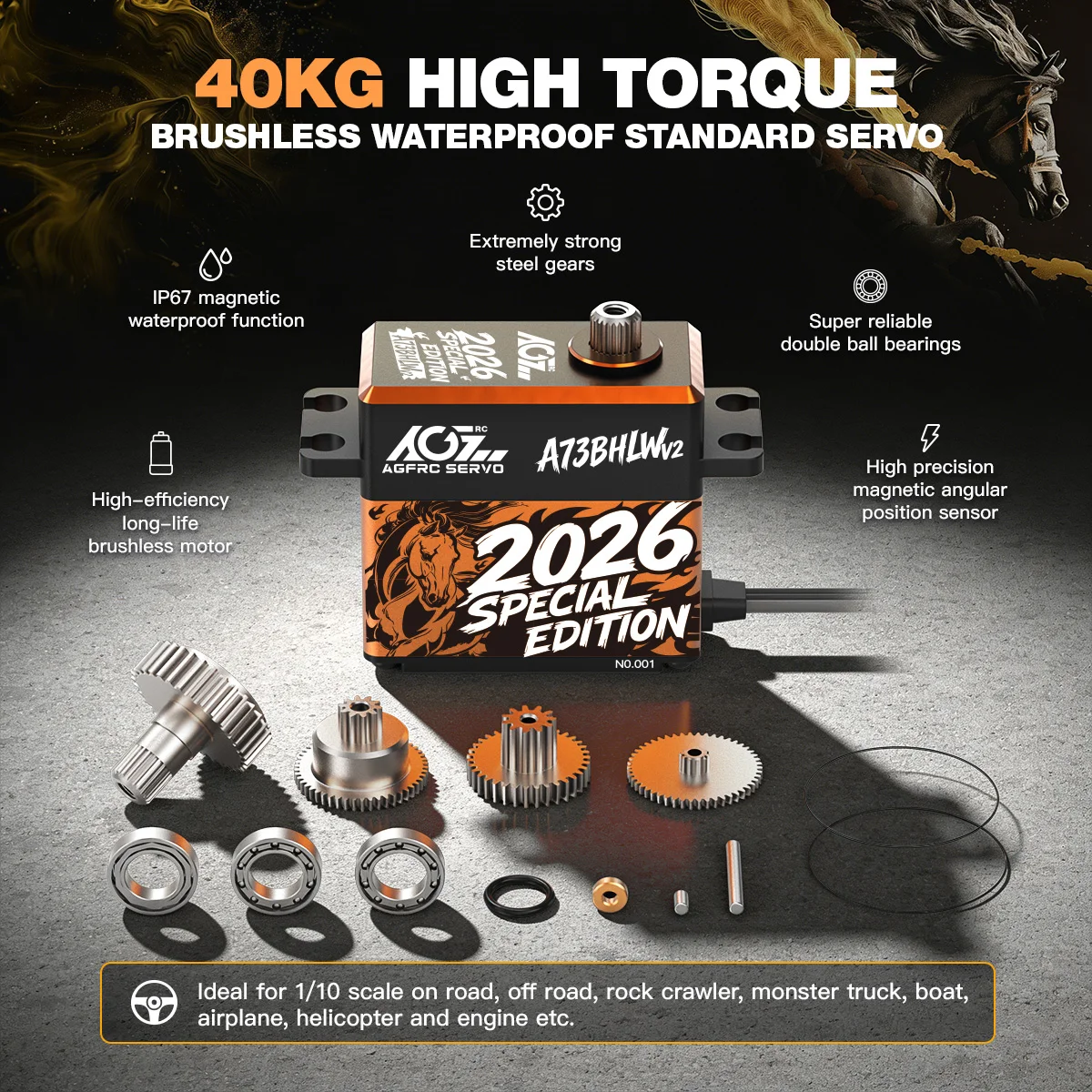 

AGFRC A73BHLW V2 2026 Special Edition HV 40 кг 0,10 с Высокомощный бесщеточный водонепроницаемый цифровой сервопривод с превосходным крутящим моментом для радиоуправляемых моделей