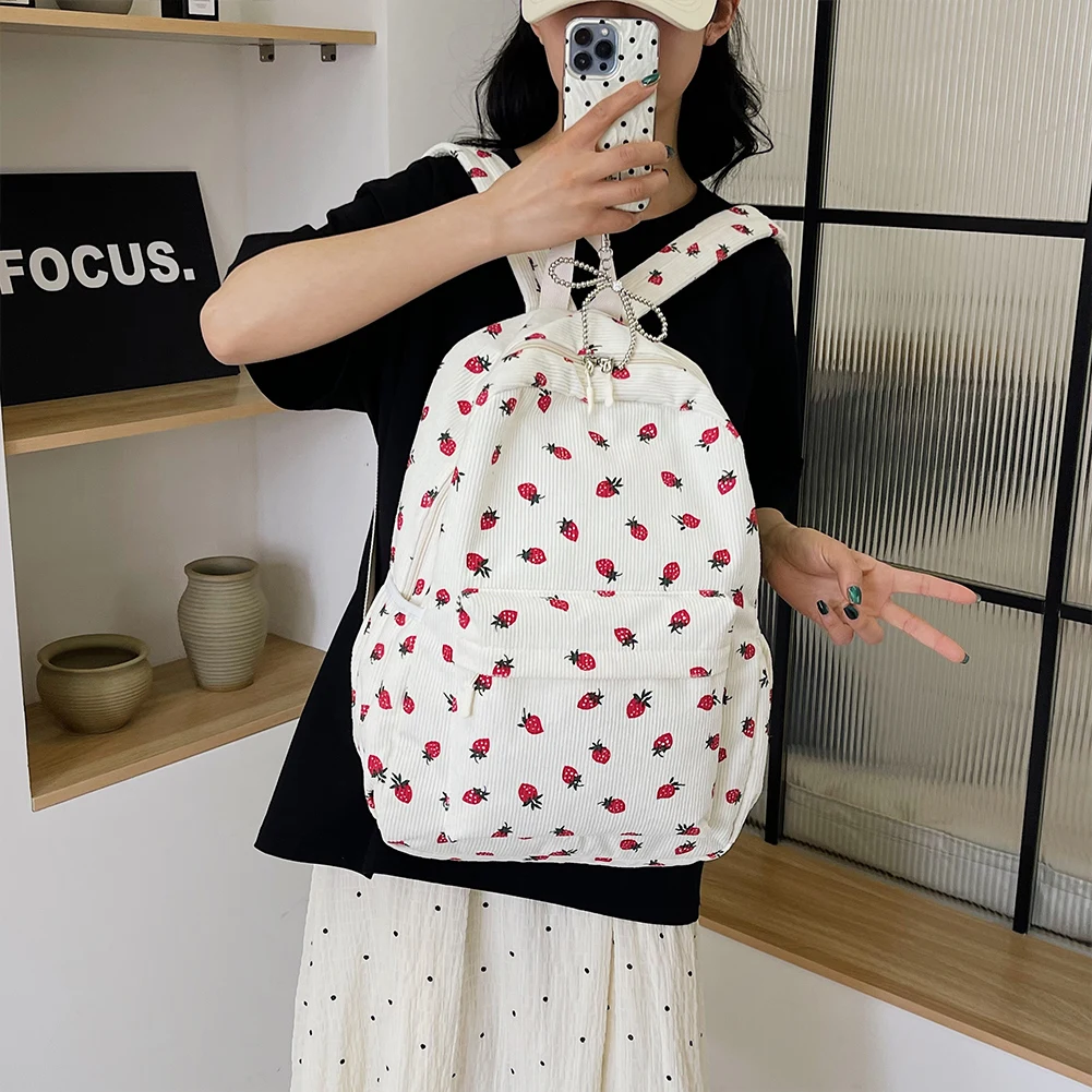 Corduroy Strawberry Backpack Daily Rucksack Large Capacity Trendy Book Bag Multi-pockets Adjustable Strap for Outdoor Travel