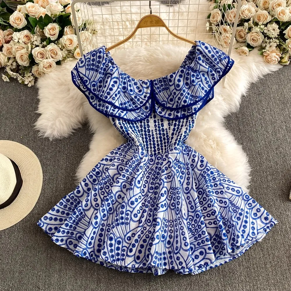 Runway Designer Summer Blue Cotton Embroidery Hollow Out Mini Dress Women Slash Neck Double Layers Ruffles Holiday Short Vestido