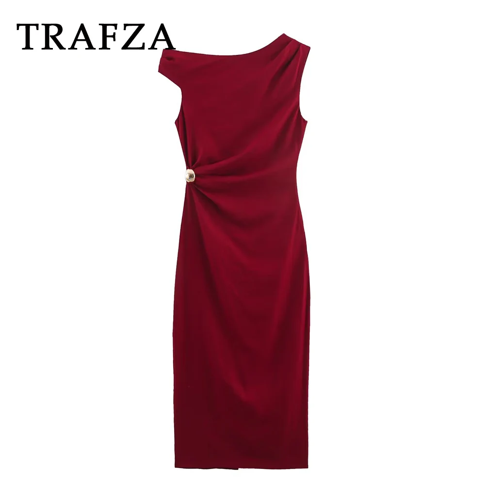 

TRAFZA Chic Red Asymmetric Woman Dress Fashion 2025 Summer Pleated Zipper Long Sexy Party Dress Elegant Female Slim Vestidos