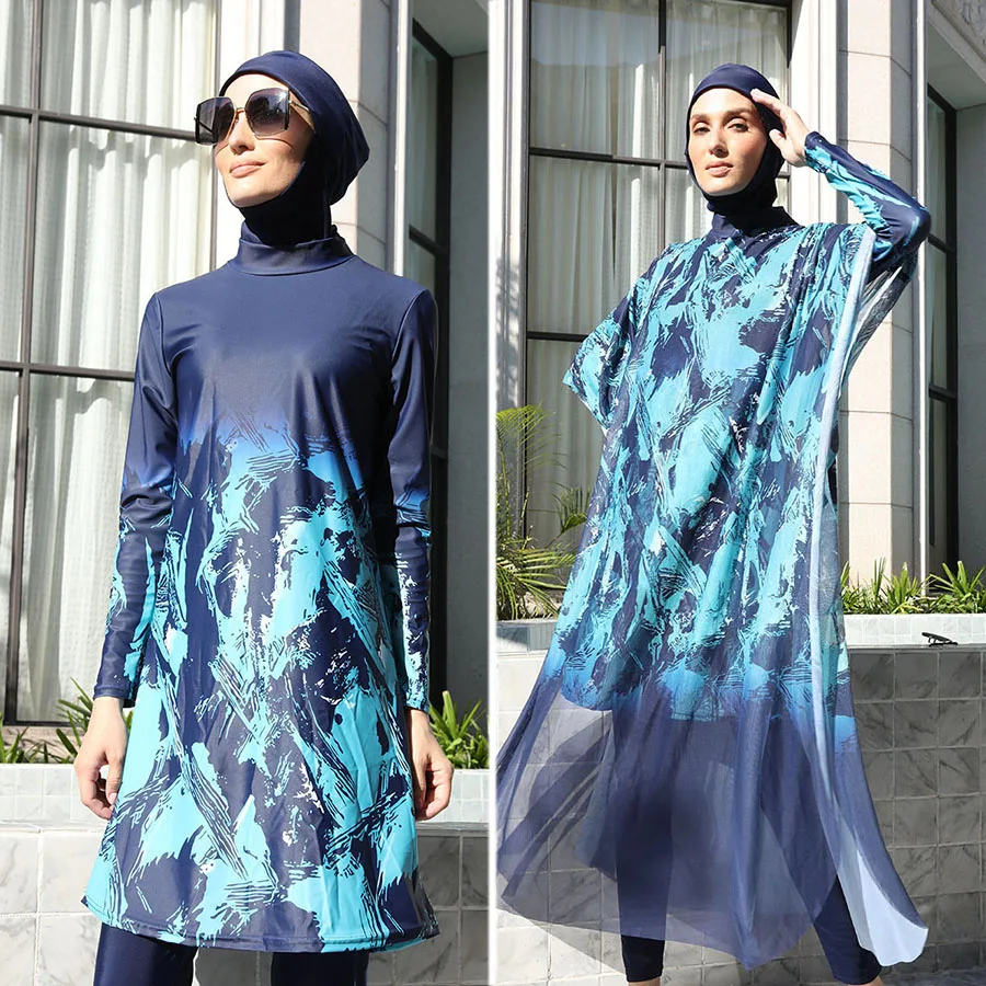 Burkini de manga larga para mujer musulmana, traje de baño modesto, Hijab islámico, vestido de flores, pantalones de baño, 3/4 piezas