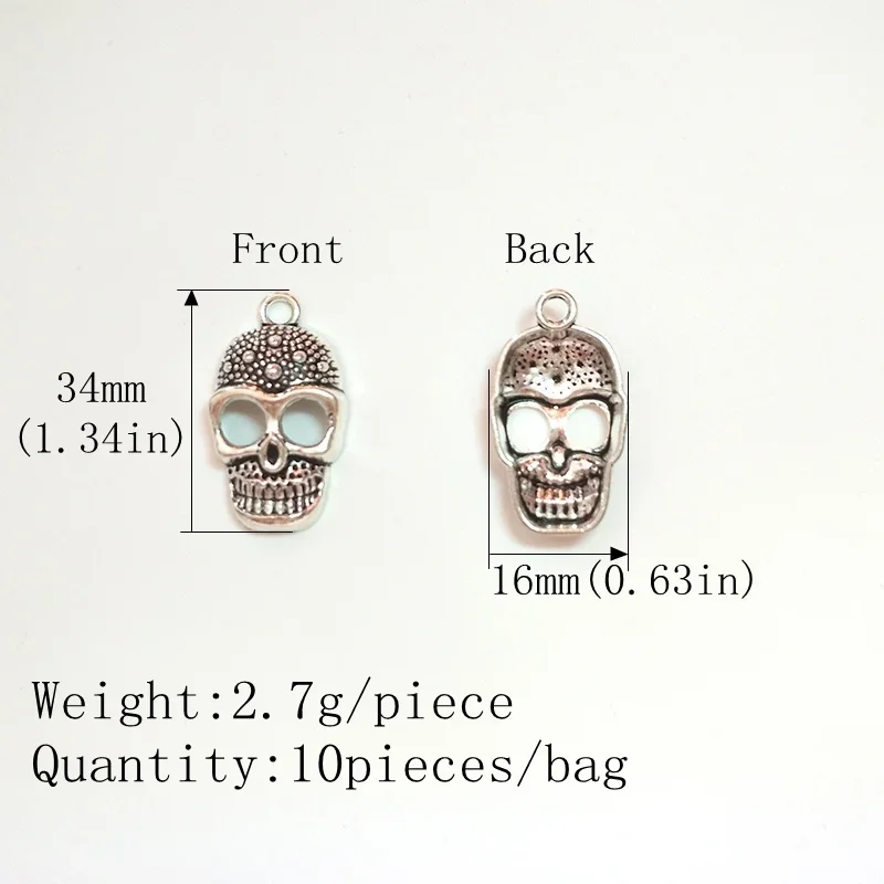 แฟชั่น 10 ชิ้น/ล็อต 34*16 มม.Retro สังกะสีอัลลอยด์ Skull Charms จี้สําหรับ DIY เครื่องประดับสร้อยคอสร้อยข้อมือ