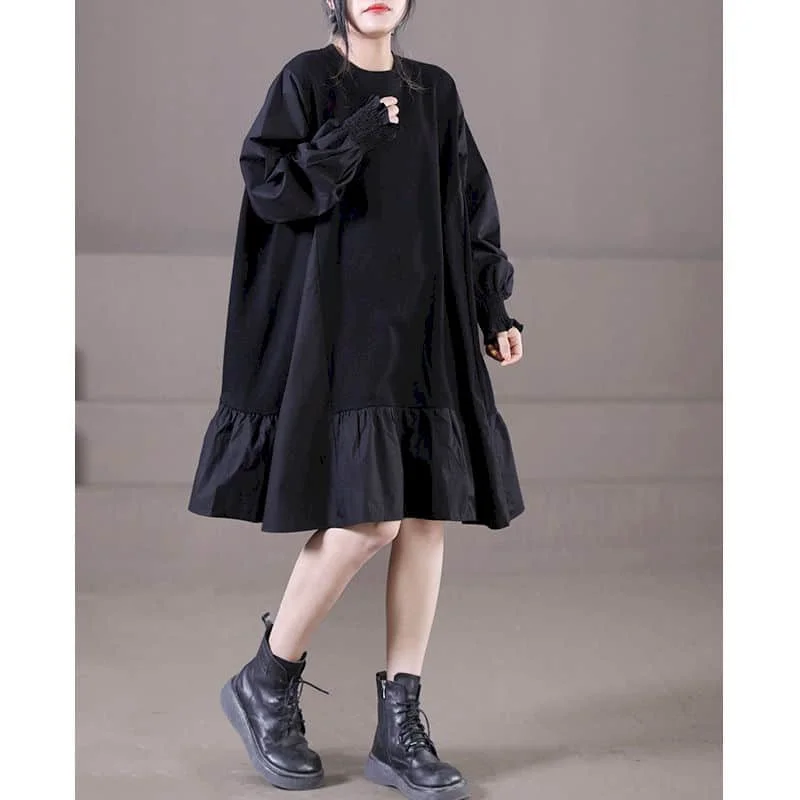 Solid Shirt Dress Vintage Casual Long Sleeve Loose O-neck Korean Style Button Design Knee Length Summer Dress for Women Clothing