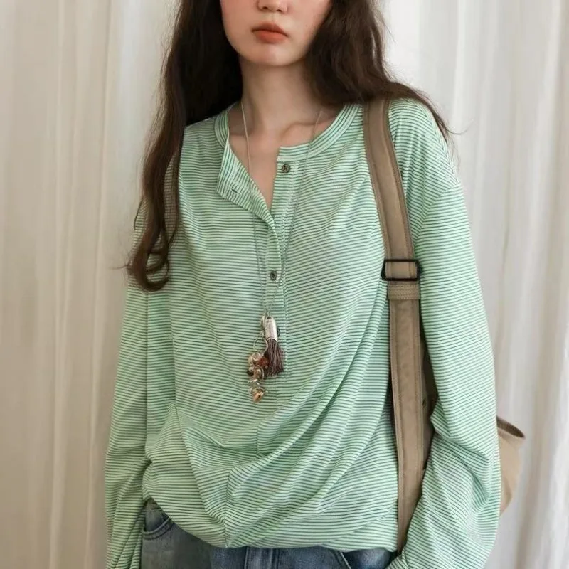 Fresh Fashion Korean O Neck Long Sleeve Half Buttons Shirt Harajuku Popular Striped Loose Women Lazy Clothes Y2k Punk Casual Top
