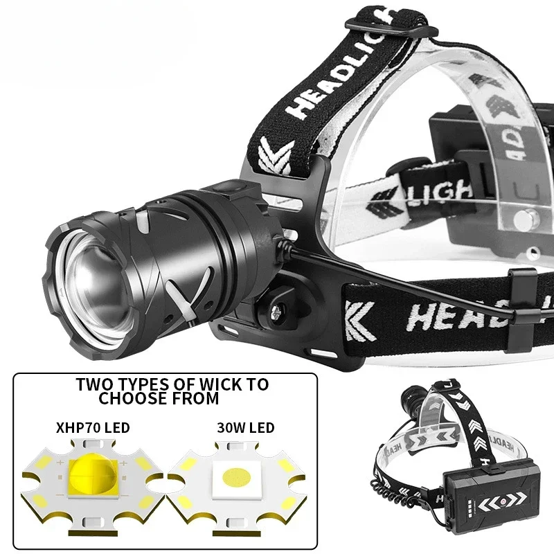 

New 30W LED Strong Light Long Range Headlight XHP 70USB Charging High brightness Zoom Adjustable Headlight