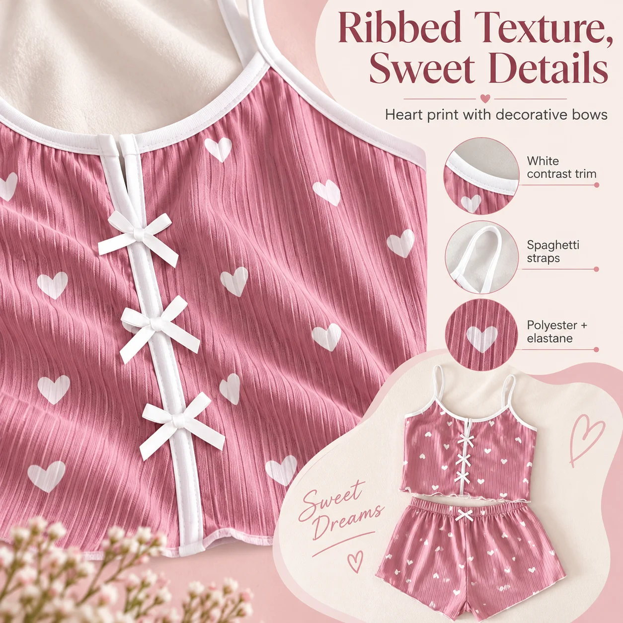 Women's Heart Print Ribbed Pajama Set Bow Cami Top and Elastic Waist Shorts Two Piece Summer Sleepwear in 4 Colors S-1XL