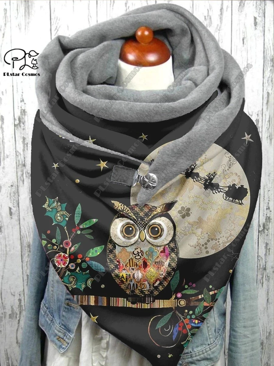 3D printed animal series cute owl pattern warm shawl scarf spring and winter large triangle scarf casual gift