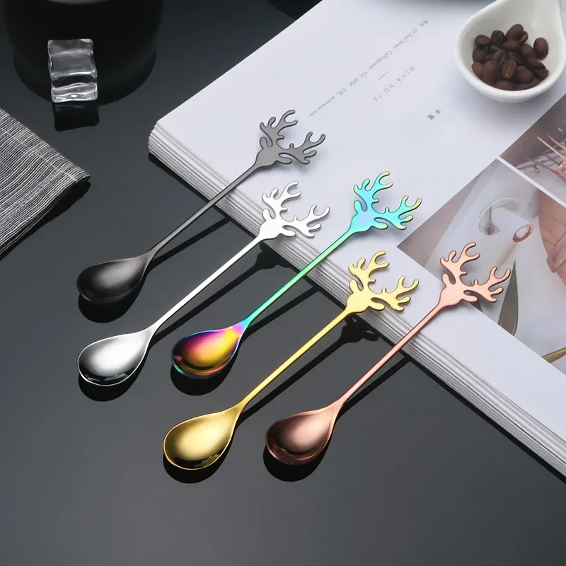 Stainless steel reindeer spoons honey coffee mixing spoon Christmas gift dessert bird's nest spoon