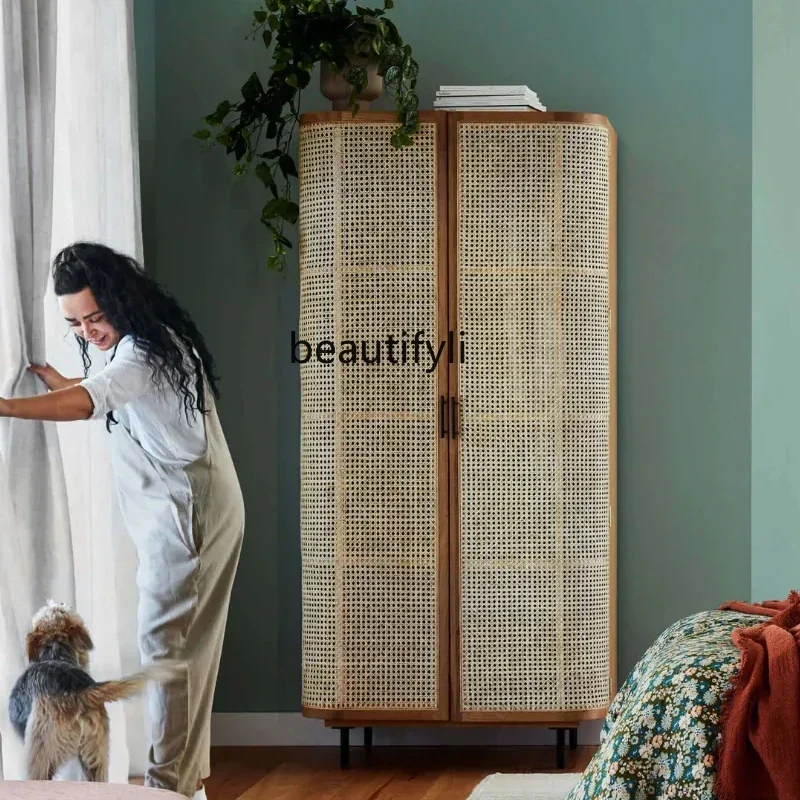 

Solid Wood Rattan Wardrobe Double-Door Single Minimalist Storage Double Door Log BreathableA