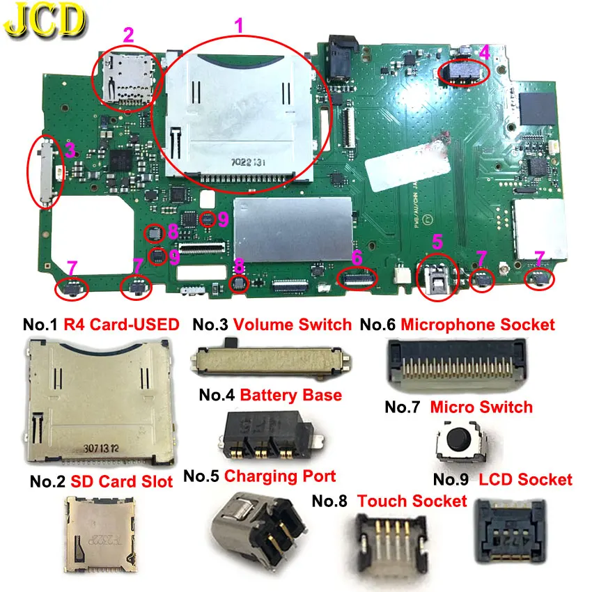 For New 2DS XL LL Volume Button Micro Switch Battery Base Charging Port R4 SD Card Slot Microphone Touch LCD Socket Connector 