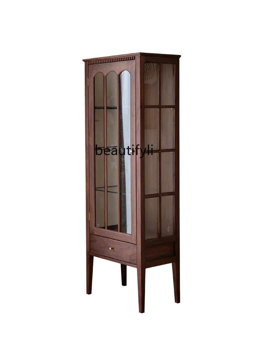 

xx1North American black walnut display cabinet, all solid wood glass door wine cabinet, living room storage side cabinet