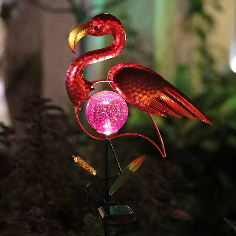 Flamingo Solar Light Garden Decor Metal Stake, Warm White LED Crackle Glass Globe for Gift Yard Pathway Patio Outdoor Lover