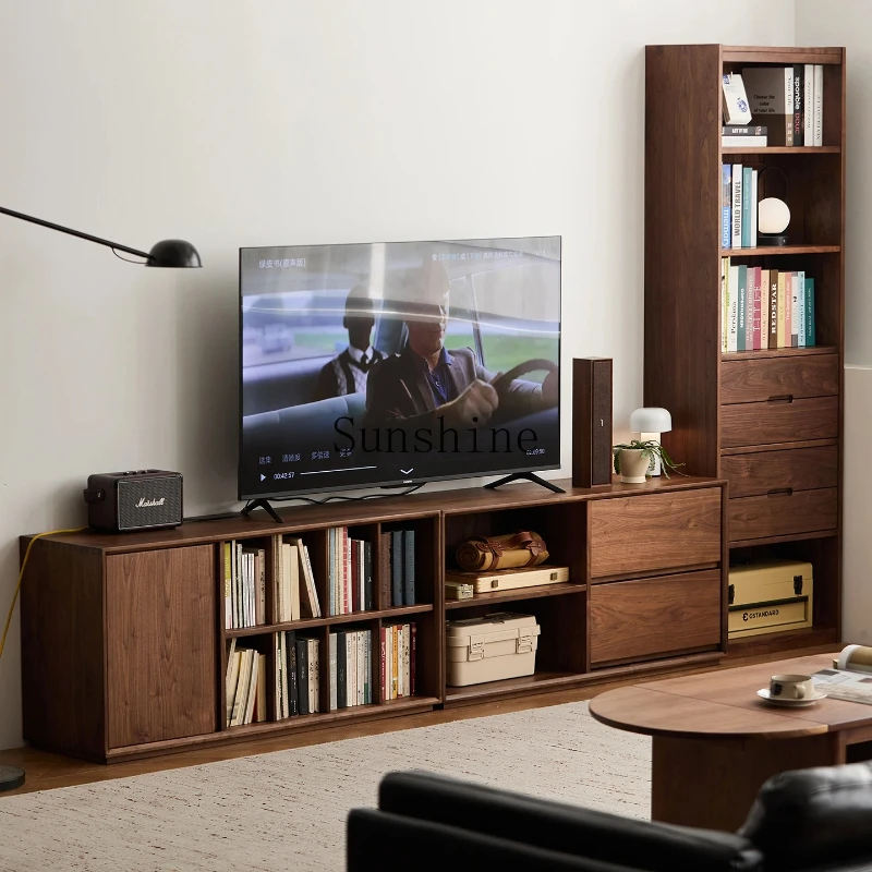 Solid wood TV cabinet bookshelf living room combination household storage display customization