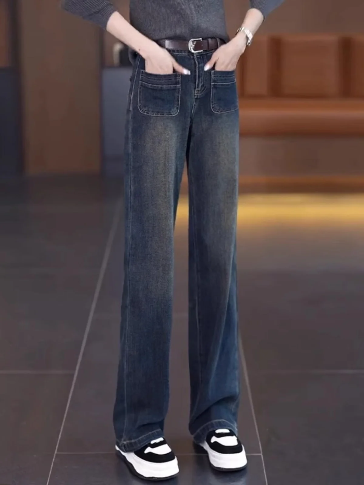 

Прямые джинсы с высокой талией и цементными глазами, женские джинсы весна-осень 2024, новые свободные утягивающие узкие брюки с широкими штанинами