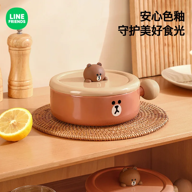 Line Friends Brown Cartoon Large Capacity Ceramic Bowl with Lid Kawaii Fruit Salad Bowl Cute Handle Bowl Anti-Scald Soup Bowl