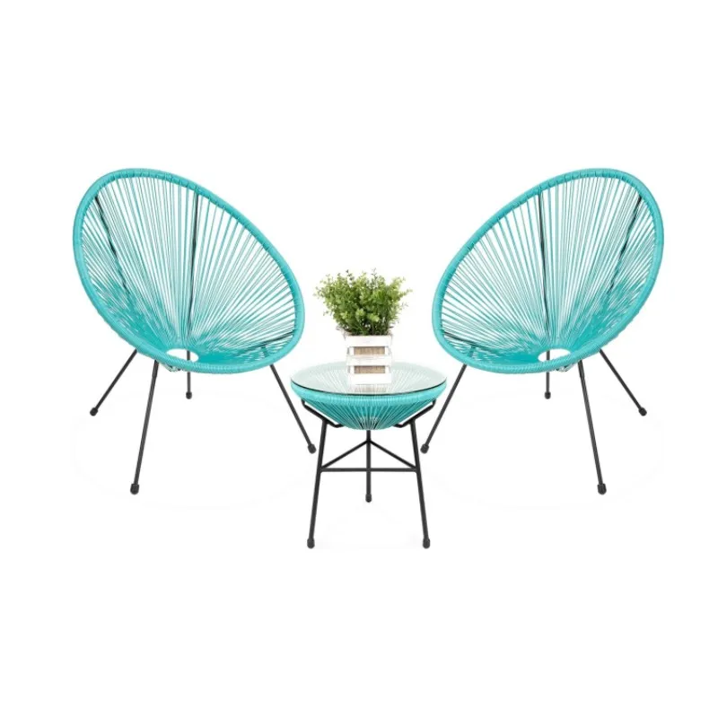 

3-Piece Outdoor Acapulco All-Weather Patio Conversation Bistro Set W/Plastic Rope, Glass Top Table and 2 Chairs
