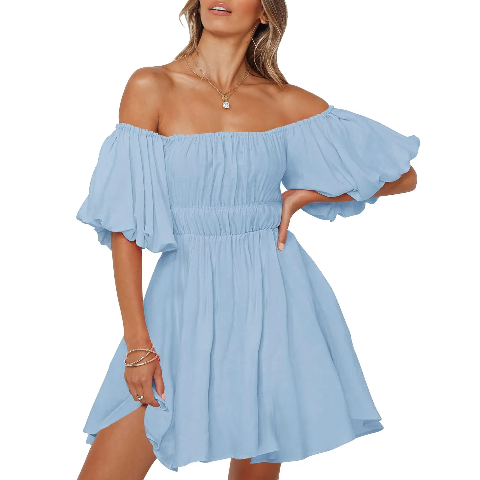 Women Casual Evening Dress Fashion Sexy Solid Color Elegant Short Puff Sleeve Off-shoulder Tunic Dress Solid Color