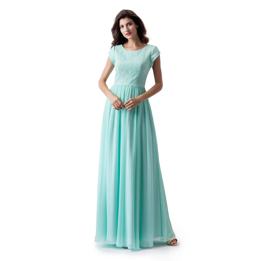 Mint Green A-line O-Neck Long Modest Prom Dress With Cap Sleeves New Lace Chiffon Floor Length Modest Bridesmaid Dress