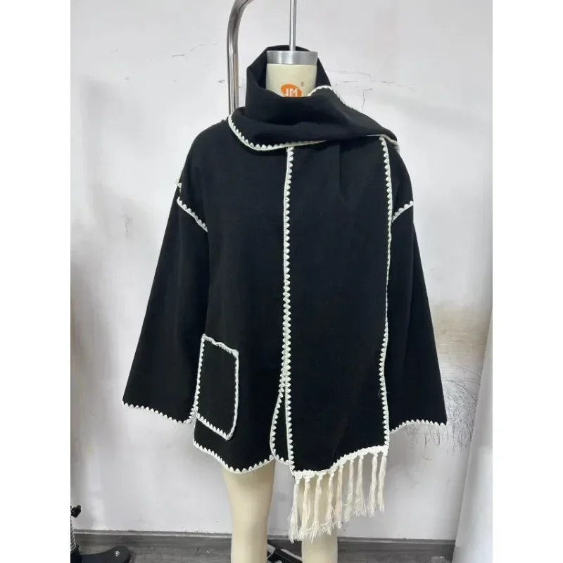 Thickened Loose with Scarf Fringed Short Coats Woolen Jacket Outwear Women Long Sleeve Pockets Blends Outwear Jackets