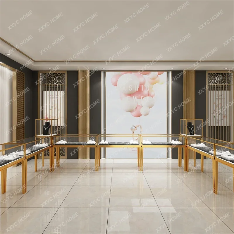JJStainless Steel Jewelry Display Cabinet Transparent Glass Cabinet Watch Jade Antique Display Luxury Counter
