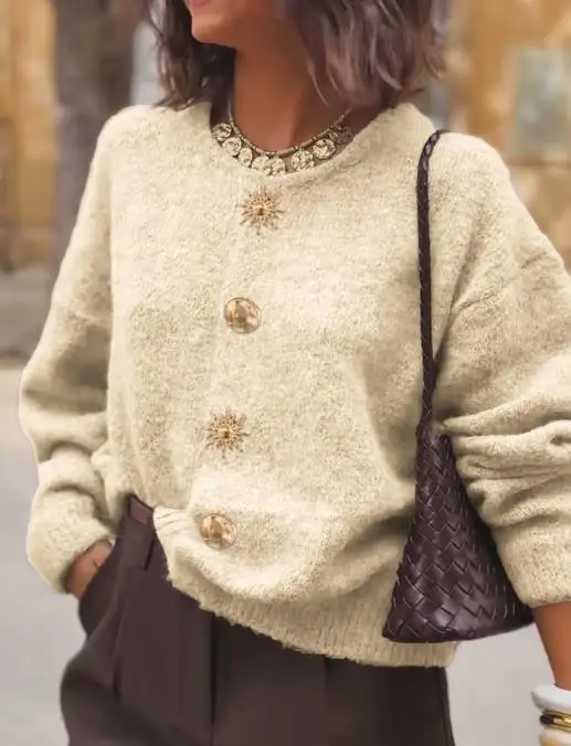 

2025 Autumn/winter Elegant and Versatile Metal Buckle Woolen Sweater Women's Sweater