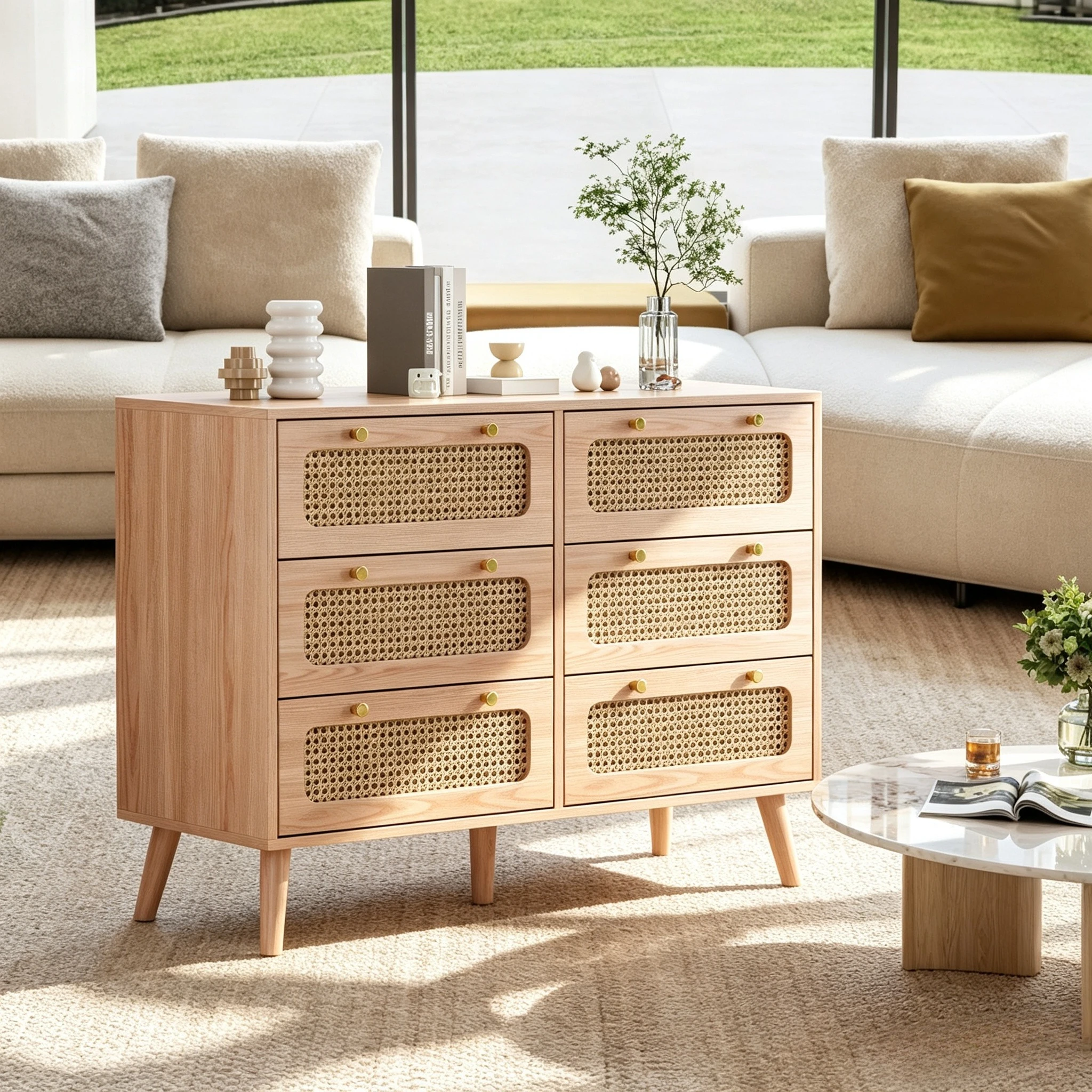 Credenza in rattan Rosahqnda con 6 o 5 cassetti, mobile contenitore per il soggiorno e la sala da pranzo, colore legno naturale.