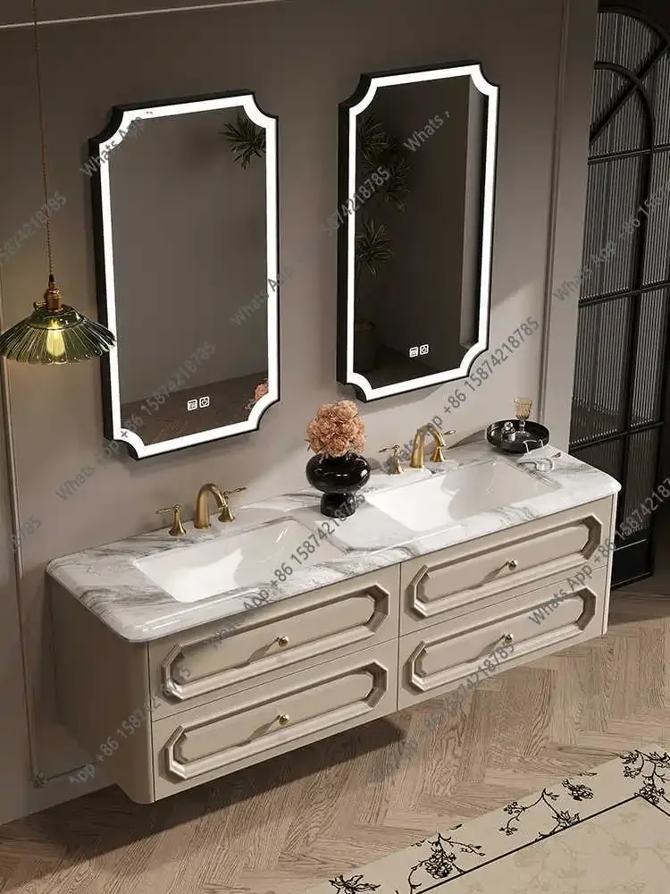 X69 French Retro Bathroom Cabinet Luxury Stone Integrated Ceramic Basin Bathroom Solid Wood Bathroom Wash Cabinet Combination