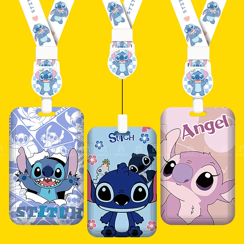 Disney stitch estudantes ônibus cartão capa caso retrátil crachá carretel saco de cartão ic corda tag dos desenhos animados passagem porta acesso titular do cartão de trabalho