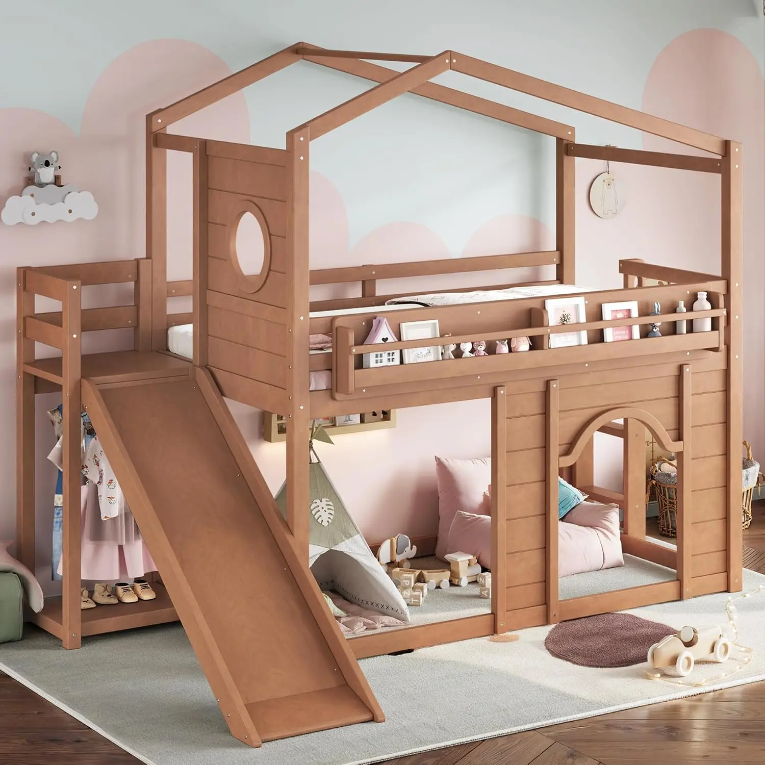 Playhouse Design Twin Size Loft Bed with Slide and Bookshelves, Solid Wood Tent Bed Frame for Kids Boys Girls,, Customized