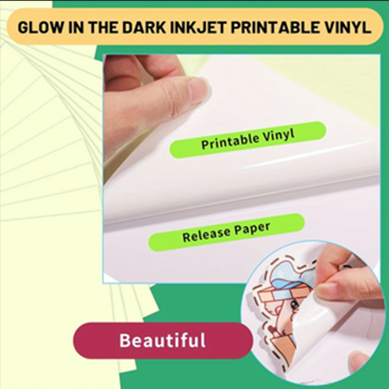 A4-Format im Dunkeln leuchtendes, bedruckbares Vinyl-Aufkleberpapier für Tintenstrahldrucker, Heimdekoration, DIY, wasserfestes Aufkleberpapier – Detail 5