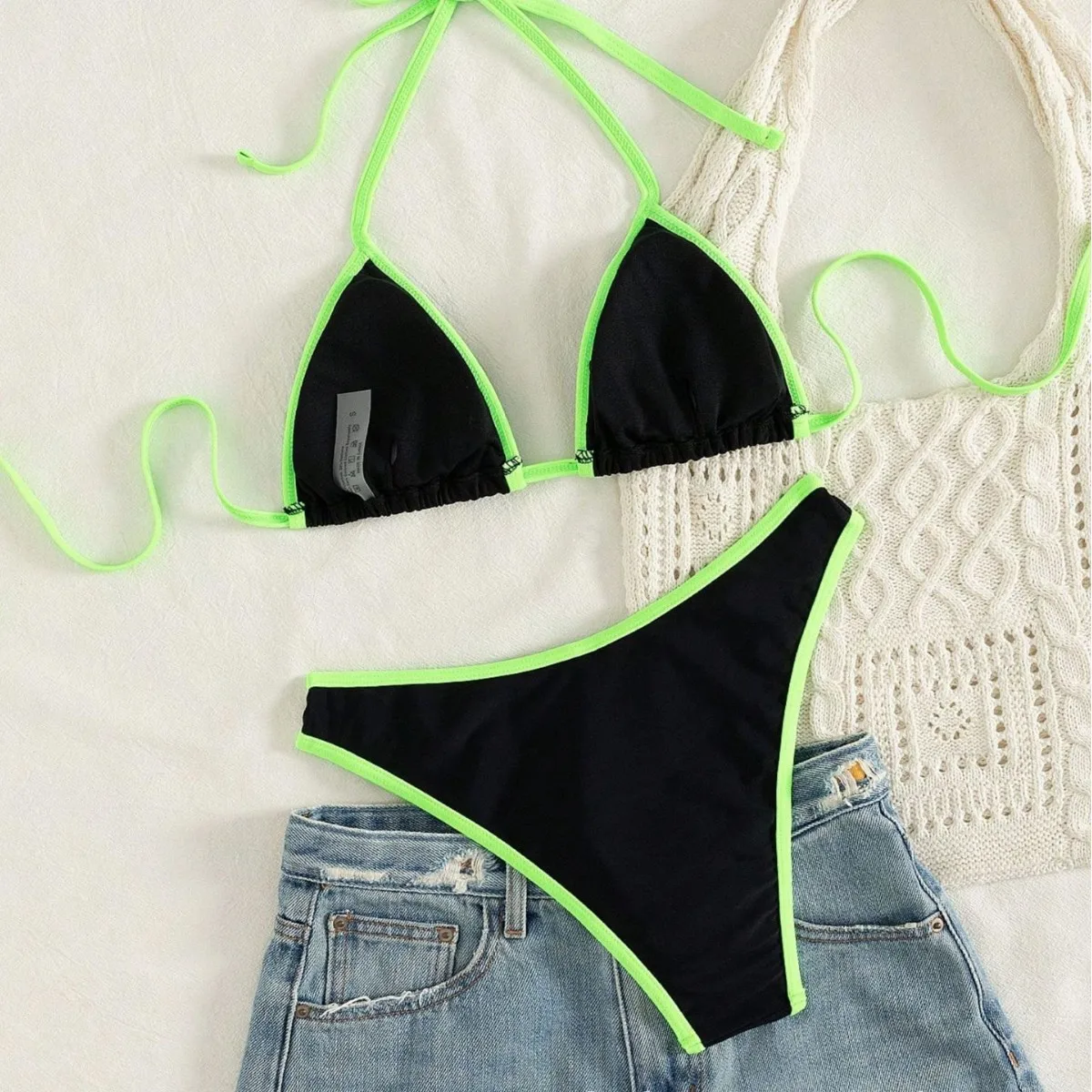 Y2K Cute Contrast Binding Bikinis Set Swimsuit Halter Tie‑Up Triangle Heart Letter Patches High‑Leg Women Vacation Beachwear