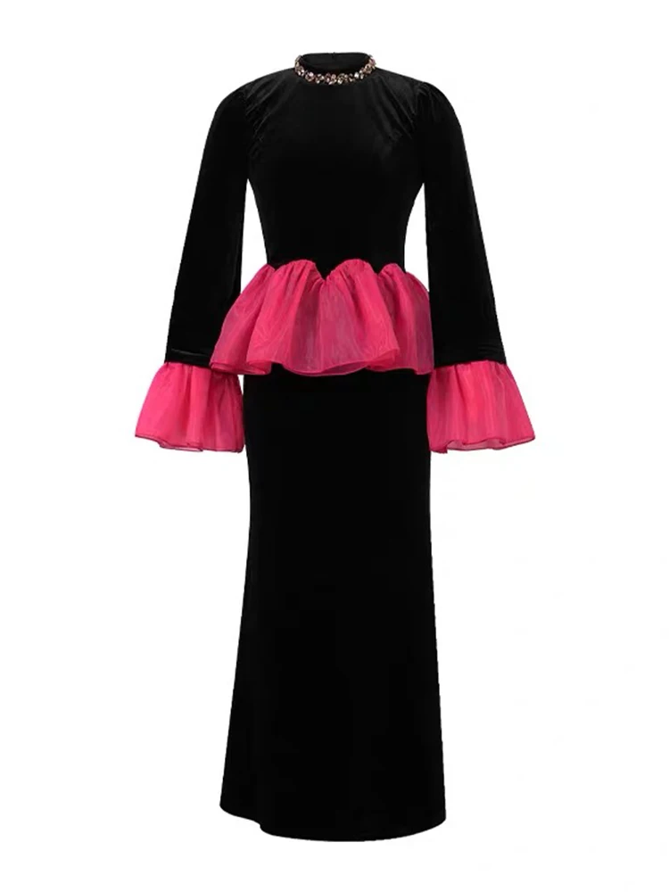 ชุดเดรสยาวสีดำ คอทรงโอ แต่งระบาย ทรงเข้ารูป สไตล์หรูหรา สำหรับผู้หญิง แฟชั่นงานปาร์ตี้ งานพรอม ชุดราตรี ชุดออกงาน  แบบใหม่