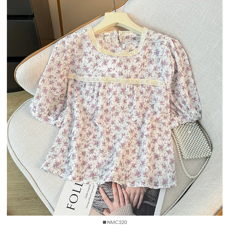 

O Neck Puff Sleeve Lace Patchwork Shirts Vintage Women Clothing Summer Blusas Mujer Flower Print Fresh Age Reducing Blouses